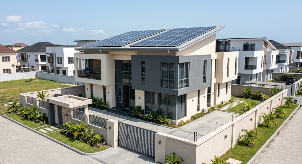 Modern Nigerian home with rooftop solar panel array