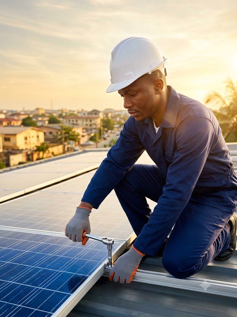 Certified SolarDaddy installer mounting rooftop solar panels at sunset